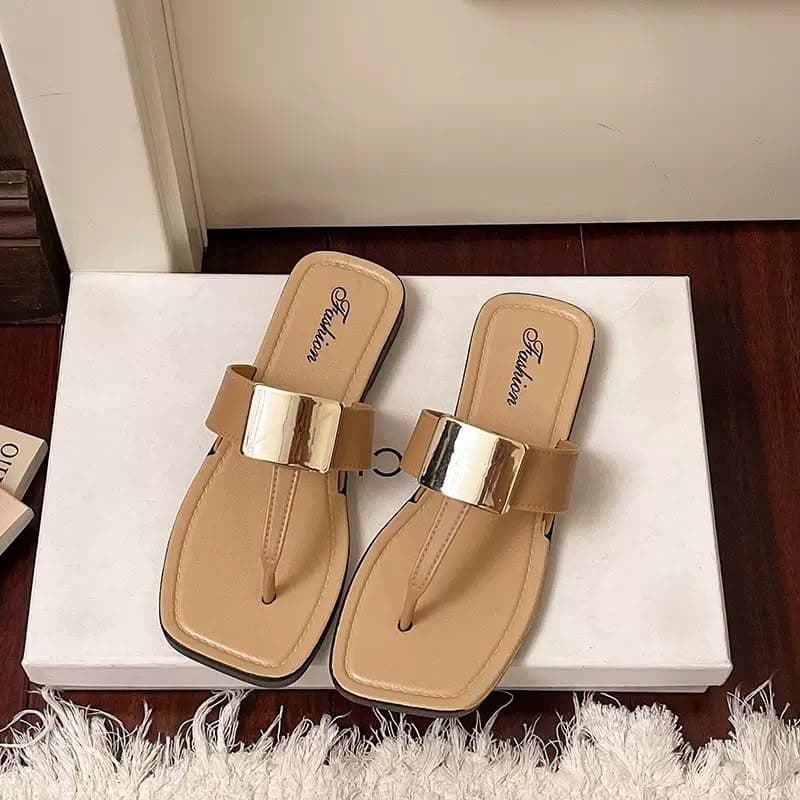 Metal Square Buckle Flat Slippers